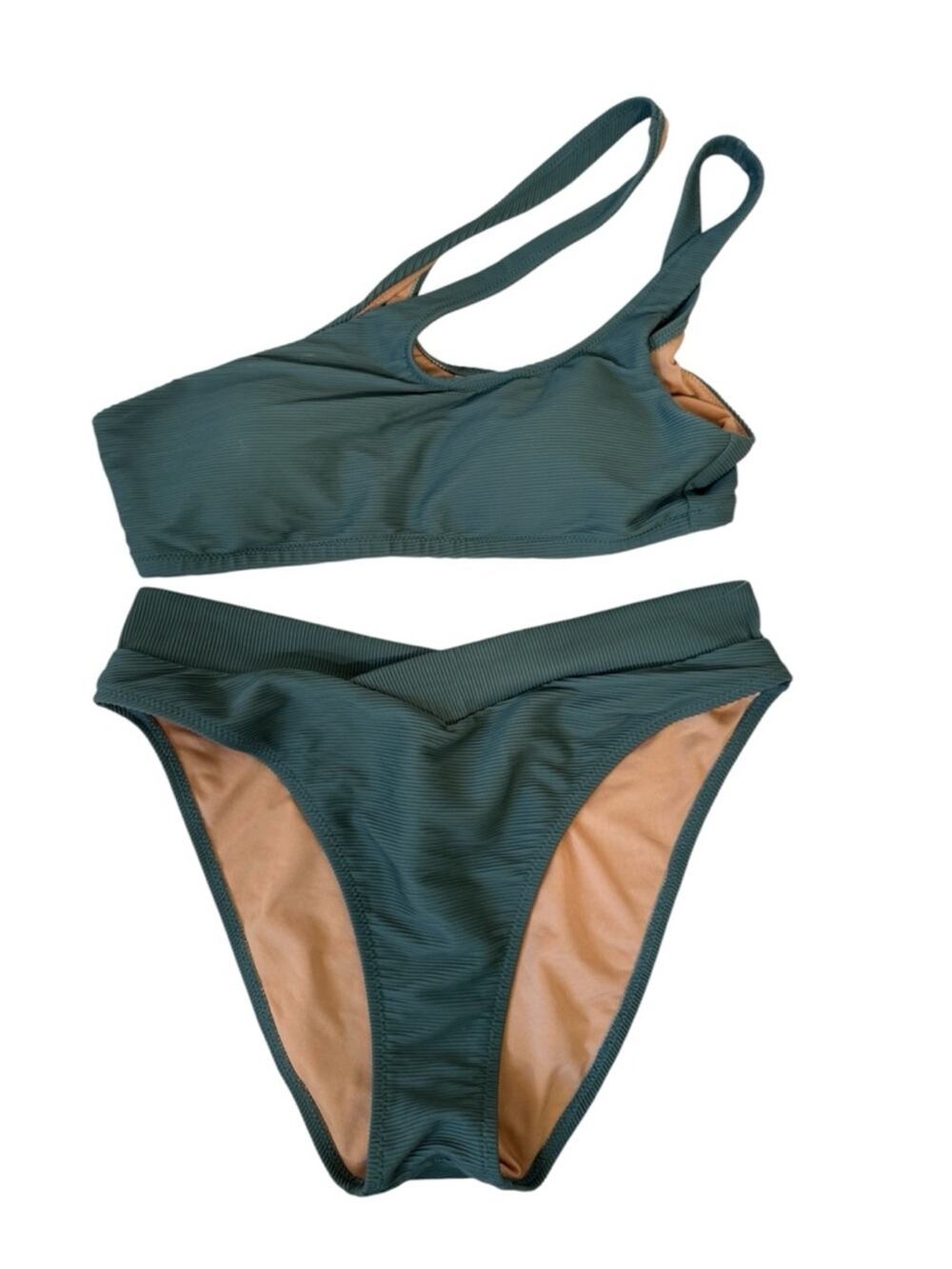 J Crew Double Strap Bikini Sage Green Two Piece Set Womens S Cheeky Ribbed Swim